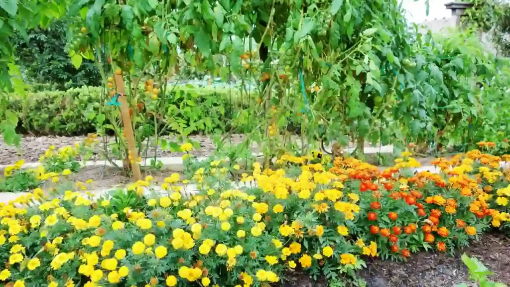 row of marigold around tomato plant