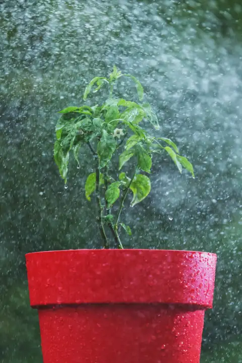 tomato plants in pot during rainfall